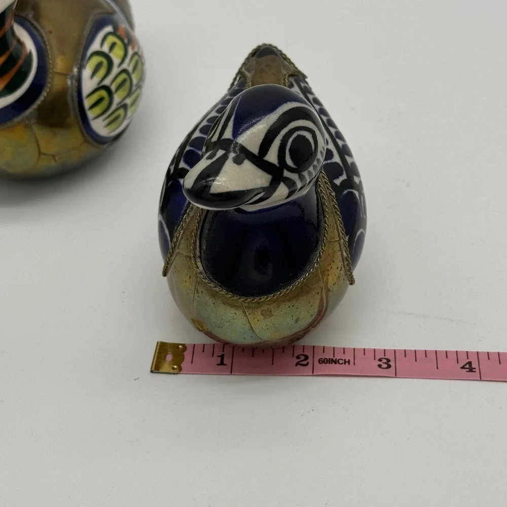 Vtg Tonala Mexico Brass Armored Duck Figurine Pair Set Mixed Media Folk Art 2pc